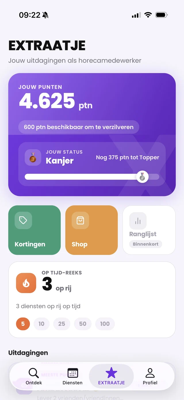 EXTRAATJE in de EXTRA-app: puntensaldo, status en op tijd-reeks